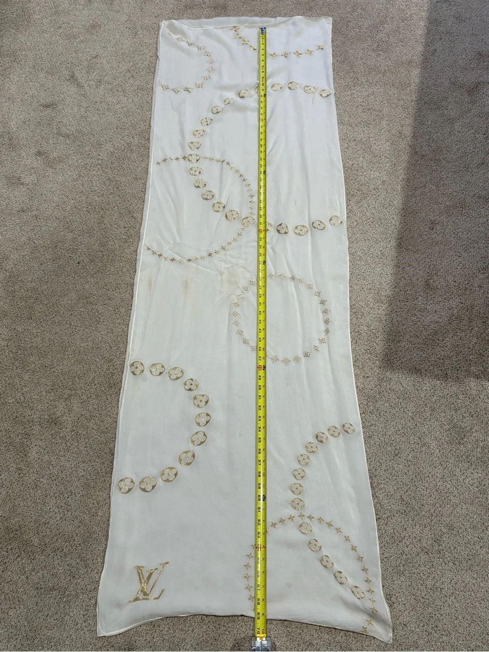 LOUIS VUITTON LV Monogram Ivory Gold Shiny Silk Scarf Shawl Wrap Stole 185 70’